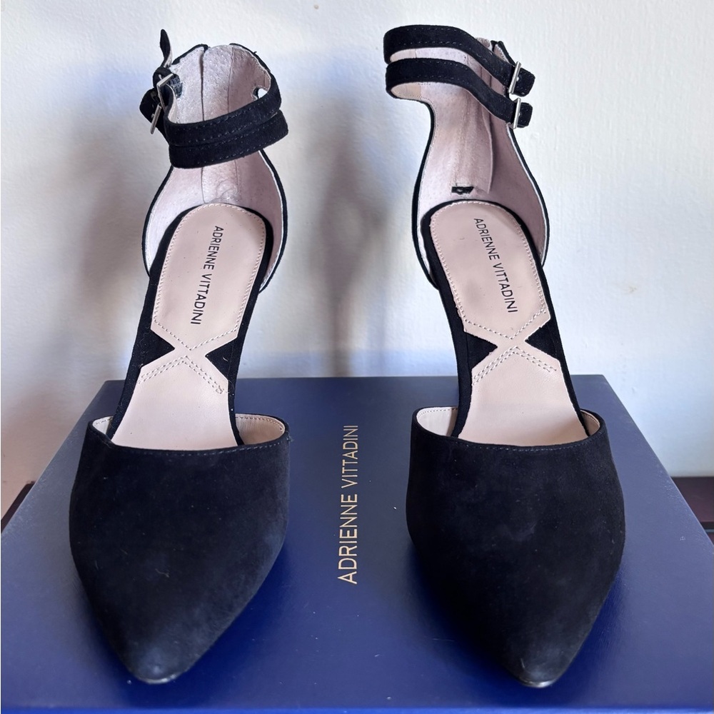 Adrienne Vittadini Black Suede Heels with ankle straps